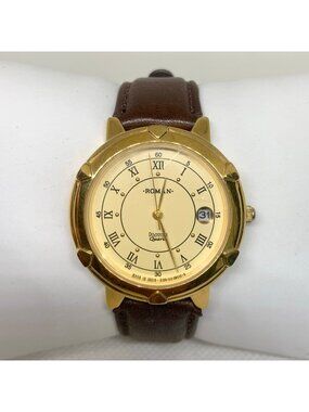 Roman gold tone date watch India made quartz 35mm unisex brown leather runnin
